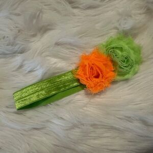 Green & Orange Double Shabby Flowers on a FOE elastic headband  7578  Handmade